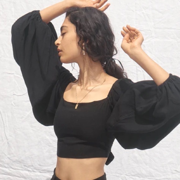 ALL THAT REMAINS valentine top black linen size 10 Med balloon sleeve tie top - Picture 6 of 15